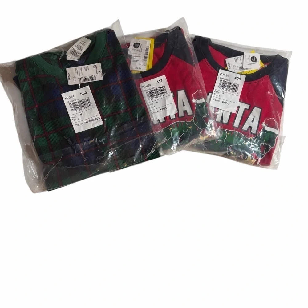 Bundle Kids Christmas Pajama Tops (3) | Holiday Dino & Plaid Long Sleeve Shirts